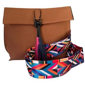 Threaded‎ Pear Brown Leather Crossbody Bag W Colorful Strap Tassel Accent